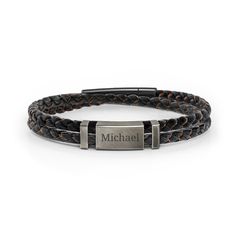 This edgy and rustic men’s bracelet features an oxidized silver plate with a dark brush finish. Our braided genuine leather & brown silk double wrap bracelet in sterling silver is available in three sizes and is secured with a stainless steel snap lock clasp for just the right fit. Personalize with an engraved name, date, or sentimental message. Men's Leather Bracelets Nordstrom, Mens J Bracelet, Mens Id Jimmy Bracelet, Silk Bracelet, S Bracelet, Snap Lock, Double Wrap Bracelet, Black Leather Bracelet, Mens Engagement