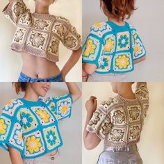 four pictures of a woman wearing a crochet top with flowers on the back