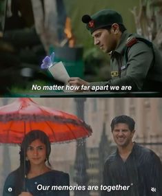 two different pictures with the same man and woman in uniform, one is holding an umbrella