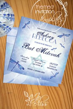 popular blue bat mitzvah invitations with whimsical dragonflies Dragonfly Design, Watercolor Blue, Blue Texture, Glitter Stars, Star Of David