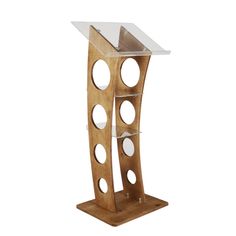 a wooden and glass stand with holes in the bottom section on an isolated white background