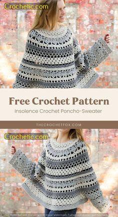 a woman wearing a crochet sweater with the text free crochet pattern