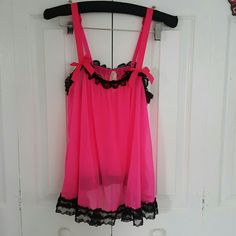 Brand New With Tags Authentic 2 Tones Hot Pink And Black Only Top Is Available Retail Price $42 Perfect For Medium Or Large Size Victoria's Secret Pink Tops For Night Out, Flirty Pink Camisole For Party, Flirty Pink Party Camisole, Fitted Pink Victoria's Secret Camisole, Cute Pink Sleepwear Top, Pink Summer Bedtime Camisole, Cute Pink Bedtime Top, Cute Pink Bedtime Tops, Pink Feminine Camisole For Bedtime