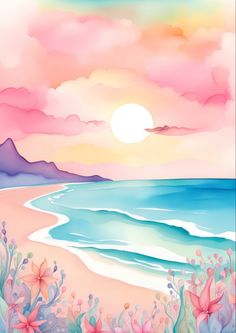 an ocean scene with flowers and the sun in the background