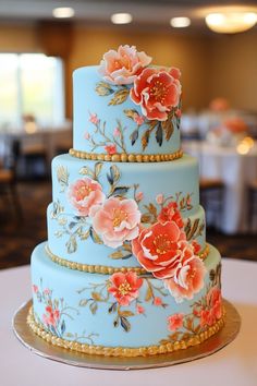 a three tiered blue cake with pink flowers on the top and gold trimmings