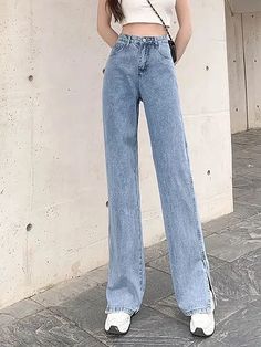 Lebadesign Slit wide-leg jeans women's straight loose high-waisted 2024 wide-leg spring autumn simple daddy pants Big Legs, Waist Jeans, Straight Leg Trousers, Straight Pants, Denim Fabric, Casual Jeans, Vintage Denim, Workout Pants