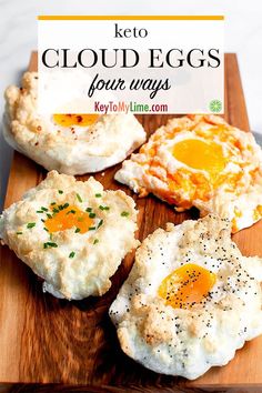 keto cloud eggs on a cutting board with text overlay that reads keto cloud eggs four ways