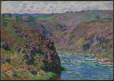 a painting of a river flowing through a lush green hillside next to a cliff side