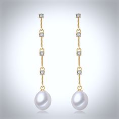 Wedding Jewelry - Pearl and Cubic Zirconia Bridal Earrings - Available in Silver and Yellow Gold Yellow Gold Cubic Zirconia Earrings With Pearl Drop, White Gold Pearl Drop Earrings Gold Plated, Formal Gold-plated Pearl Earrings With Pearl Chain, Classic Gold-plated Pearl Drop Bridal Earrings, Classic Gold Plated Pearl Drop Bridal Earrings, Gold Earrings With Pearl Charm And Cubic Zirconia, White Pearl Linear Earrings For Formal Occasions, White Gold Plated Bridal Earrings For Formal Occasions, Formal Gold-plated White Bridal Earrings