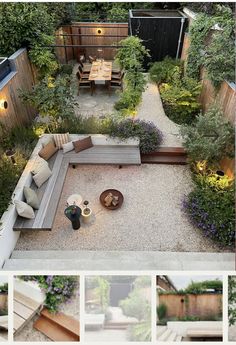 an aerial view of a backyard with seating and plants