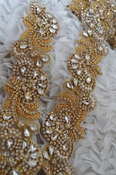 Gold Embellished Wedding Jewelry, Gold Beaded Bridal Belt For Party, Gold Embellished Wedding Sash, Gold Embellished Sashes For Wedding, Gold Embellished Bridal Accessories For Wedding, Gold Embroidered Bridal Belt For Wedding, Gold Crystal Bridal Belt For Wedding, Gold Crystal Bridal Belt For Party, Long Trim