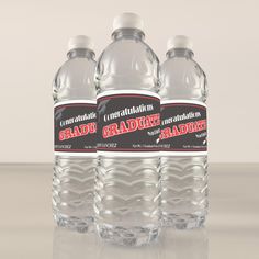 three bottled water bottles with labels on them