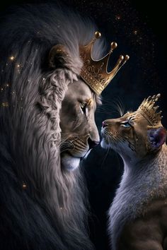 two lions with crowns on their heads are facing each other in front of a dark background