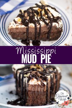 mississippi mud pie on a plate with chocolate drizzle