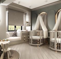 a baby's room with two cribs in it