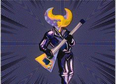 a man with a hammer and moon on his head holding a broom in front of a blue background