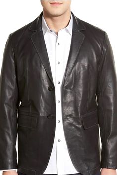 Deft stitching highlights an impeccably tailored two-button blazer fashioned in supple lambskin leather.  Sizing: True to size. Considered a regular fit; cut with a little extra room through the chest and body for comfort. Notch lapel. Long sleeves. Front two-button closure. Front flap pockets. Fully lined. Lambskin leather construction. Solid color. Approx. 29" length (size M). Imported Lambskin Leather Blazer, Lamb Leather Jacket, Leather Blazer Jacket, Extra Room, Leather Blazer, Blazer Fashion, Leather Jacket Men, Blazer Buttons, Jacket Sale