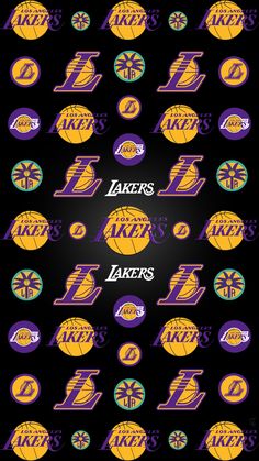 the los angeles lakers logo is shown on a black background with many different colors and sizes