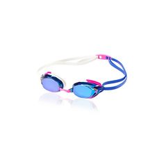 a pair of swimming goggles sitting on top of a white surface with blue and pink lenses