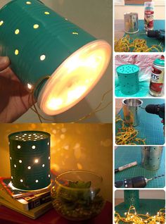 collage of photos showing different ways to decorate with tin can lights and string lights