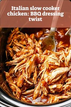 A sweet and tangy twist on Italian crockpot chicken, blending Italian dressing and BBQ sauce. Crockpot Chicken Italian Dressing, Italian Crockpot Chicken, Chicken With Bbq Sauce, Crockpot Italian Chicken, Italian Dressing Chicken, Crockpot Italian, Italian Chicken Crockpot