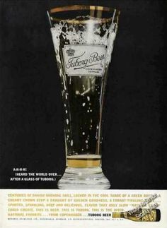 an advertisement for a beer with water pouring out of the top and on the bottom