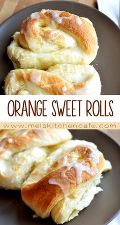 orange sweet rolls with icing on top and in the middle, sitting on a plate