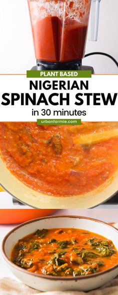 a bowl of spinach stew in front of a blender with the words, plant based vegetarian spinach stew in 30 minutes