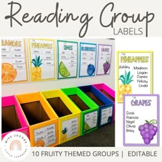 the reading groups labels are organized with colorful bins and pineapples on them