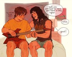 two people are sitting on a bed playing the guitar and talking to each other with speech bubbles above them