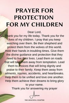 a prayer for protection for my children with white tulips on a pink background