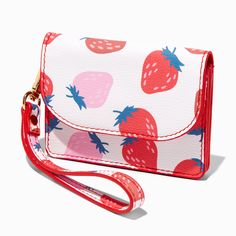 Claire's Strawberry Print Wristlet Wallet Trendy Multicolor Wallets With Removable Pouch, Trendy Wallets With Adjustable Strap In Pouch Shape, Trendy Wallet With Adjustable Strap And Pouch Shape, Trendy Wallet With Adjustable Strap, Trendy Wallets With Adjustable Strap, Playful Wallets With Card Slots, Playful Wallets With Card Slots For Daily Use, Multicolor Wristlet With Card Slots For Daily Use, Trendy Rectangular Wristlet With Card Slots