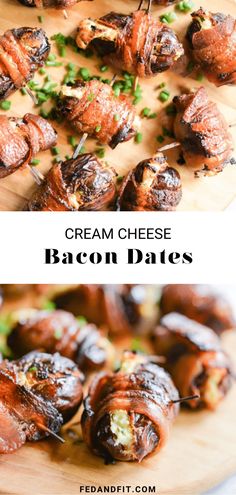 bacon bites on a cutting board with text overlay that reads cream cheese bacon bites