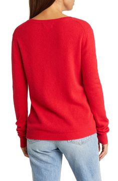 Stay warm in this luxuriously soft cashmere sweater fashioned in a relaxed, easy-to-layer fit. V-neck Long sleeves 100% cashmere Dry clean Imported Red Cashmere Sweater With Fine Knit, Classic Red V-neck Sweater For Fall, Casual Cashmere V-neck Sweater For Layering, Red Cashmere Sweater For Fall, Casual Cashmere V-neck Sweater For Winter, Red Cashmere Winter Top, Casual Red Cashmere Tops, Cozy Red V-neck Top, Red Fine Knit Sweater For Layering