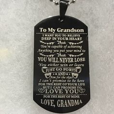 To My Grandson Stainless Steel Dog Tag Necklace. Chain Is Approx. 20.5”, Pendant Is Approx. 2”. Adjustable Black Necklaces For Mother's Day, Adjustable Black Necklace For Mother's Day, Meaningful Black Jewelry For Mother's Day, Personalized Black Engraved Jewelry, Black Engraved Jewelry For Personalized Gift, Personalized Black Jewelry For Father's Day, Personalized Black Jewelry For Memorial, Personalized Black Necklace For Birthday, Personalized Black Dog Tag Jewelry