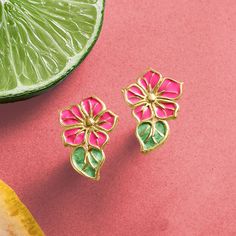 Ross-Simons - Italian Pink and Green Enamel Flower Earrings in 14kt Yellow Gold. Blossoming in 14kt yellow gold, pretty pink and green enamel flowers decorate these delightful earrings. A lovely look for springtime and beyond! Made in Italy. Post/clutch, multicolored enamel flower earrings. Enamel Jewelry Diy, Jewelry Diy Earrings, Freya Goddess, Enamel Flower, Green Enamel, Enamel Jewelry, Art Class, Pretty Pink, Flower Earrings