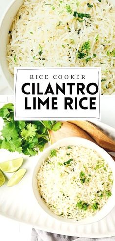 rice cooker cilantro lime rice in a white bowl and on a plate