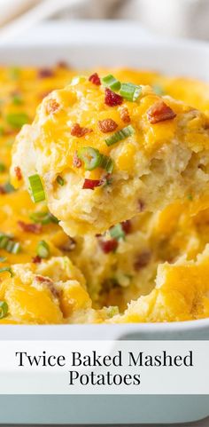 A large scoop of loaded mashed potatoes topped with cheese, bacon, and sliced green onions. Loaded Mashed Potatoes, Twice Baked, Twice Baked Potatoes