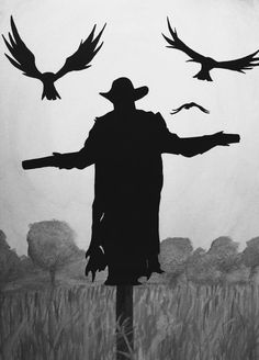 a black and white drawing of a man with birds flying above him