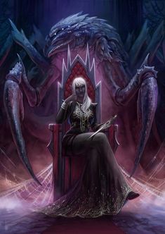 a woman sitting on top of a throne in front of a giant alien like creature