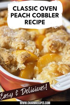 a close up of a casserole dish with peach cobbler