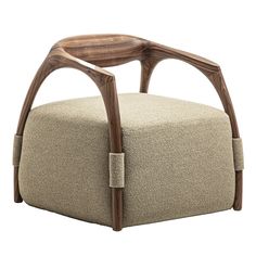 an upholstered chair with wooden arms and legs, made out of beige fabric