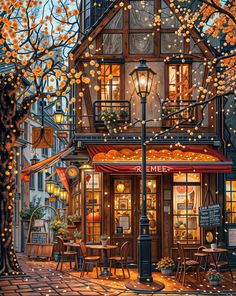 an oil painting of a restaurant in the city with autumn leaves on trees and lights