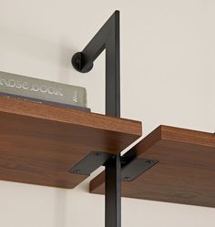 a book shelf with two books on it and a pair of black brackets attached to the wall