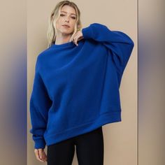 Round Neck, Oversized Sweatshirt With Dropped Shoulder. Amazingly Soft And Feels So Good! 50% Cotton, 50% Polyester Model Height: 5’8.5”; Dress Size: 2; Bust: 34”; Waist: 24”; Hips: 34” Blue Relaxed Fit Sweatshirt, Oversized Blue Sweater With Ribbed Cuffs, Blue Drop Shoulder Sweater With Ribbed Cuffs, Relaxed Blue Long Sleeve Top, Trendy Blue Drop Shoulder Tops, Blue Oversized Cotton Sweater, Oversized Blue Cotton Sweater, Oversized Blue Long Sleeve Sweatshirt, Blue Sweatshirt For Fall Loungewear