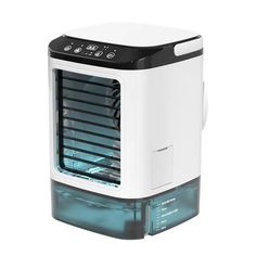 an air purifier is shown with the door open and it's light on