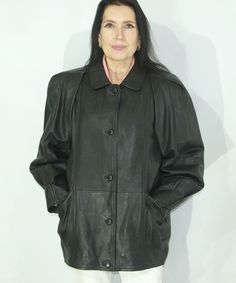 Women's genuine soft leather jacket Vintage Black Long  Trench ,  marked Size 46 oversize two outer  pockets on the waist.  5 buttons closure by  Dino Marcello in Great   Condition. pre owned materials genuine leather , lining 100% polyester Please see photos for more detail and Feel free to ask for any question. The actual measurement as follows  bust (armpit to armpit)   50 см - 19,75 in Collar to hem                    73 см- 28,75 in Shoulder to sleeve          62 cm - 24,5 in Shoulder to sh Leather Jacket Vintage, Long Trench, Vintage Leather Jacket, Jacket Vintage, Vintage Black, Soft Leather, Favorite Outfit, Art Collection, Bathing Beauties