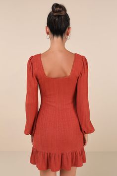 Everyone will be wishing to they could look as cute and cozy as you in the Lulus Coveted Sweetness Rust Pointelle Knit Long Sleeve Mini Dress! Stretchy knit fabric boasts a subtle pointelle pattern as it shapes this darling dress that features a sweetheart-style neckline and long balloon sleeves with gathering at the shoulders and elastic cuffs. The bodycon silhouette features a flattering under-bust seam, a row of decorative buttons along the center, and a ruffled mini hem. Scalloped lace trim Tier Dress, Tiered Ruffle Dress, Pointelle Knit, Darling Dress, Long Balloons, Decorative Buttons, Knit Long Sleeve, Knit Mini Dress, Scalloped Lace