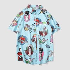 Features: Unisex Loose fit Lapel Short sleeve Digital printing pattern design Material: 100% Polyester