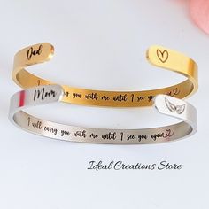 I am sorry for your loss!💗 Personalized Sympathy Gift Memorial Cuff Bracelet to Honor a Loved One who has passed. Simple, but touching with the words laser engraved "I will carry you with me until I see you again" This is a precious way to carry on your angel's memory and legacy. By wearing a remembrance bracelet, you have a little reminder of the precious love and happy memories your loved one brought to your life. It is as though you can bring your loved one with you every day. Through those Meaningful Engraved Wedding Bracelets, Engraved Stainless Steel Bracelets, Meaningful Engraved Bracelets For Promise, Meaningful Engraved Promise Bracelets, Engraved Stainless Steel Bracelets For Promise, Stainless Steel Laser Engraved Bracelets As Gift, Personalized Promise Bracelet With Meaningful Style, Inspirational Engraved Promise Bracelets, Stainless Steel Engraved Bracelet For Promise